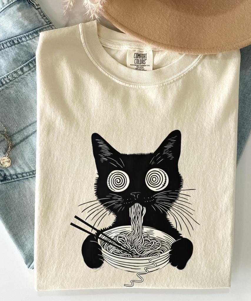 Psychedelic Ramen Cat T-Shirt: Trippy Anime Kitty, Japanese Foodie Gift