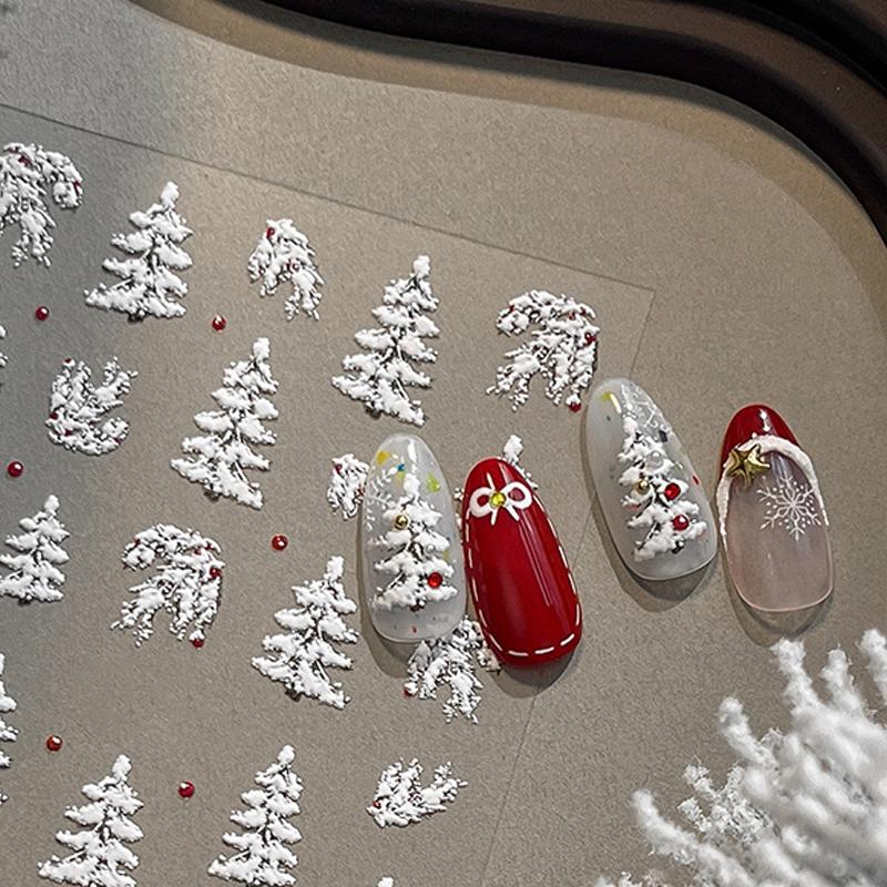 Embossed Christmas Tree Nail Art Stickers 2025 New Simple White Polka Dot Nail Stickers Christmas Decoration