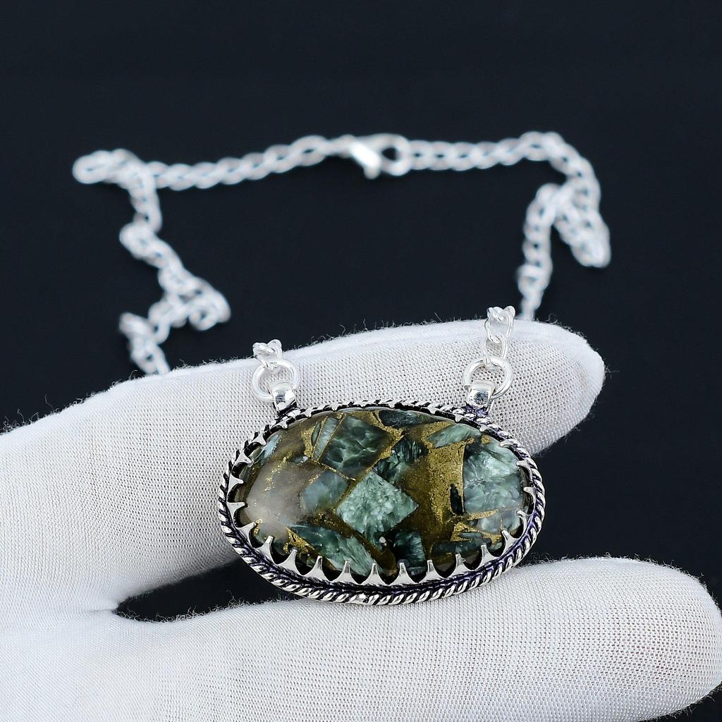Copper Seraphinite Gemstone Jewelry Necklace, Copper Seraphinite 925 Sterling Silver Necklace For Wedding Gift, Necklace For Women For Gifts