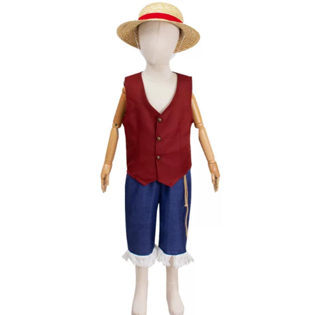 One Piece Monkey D Luffy Cosplay Costume, Red Jacket Blue Pants with Straw Hat, Adult & Kids Anime Role‑Play Halloween Outfit