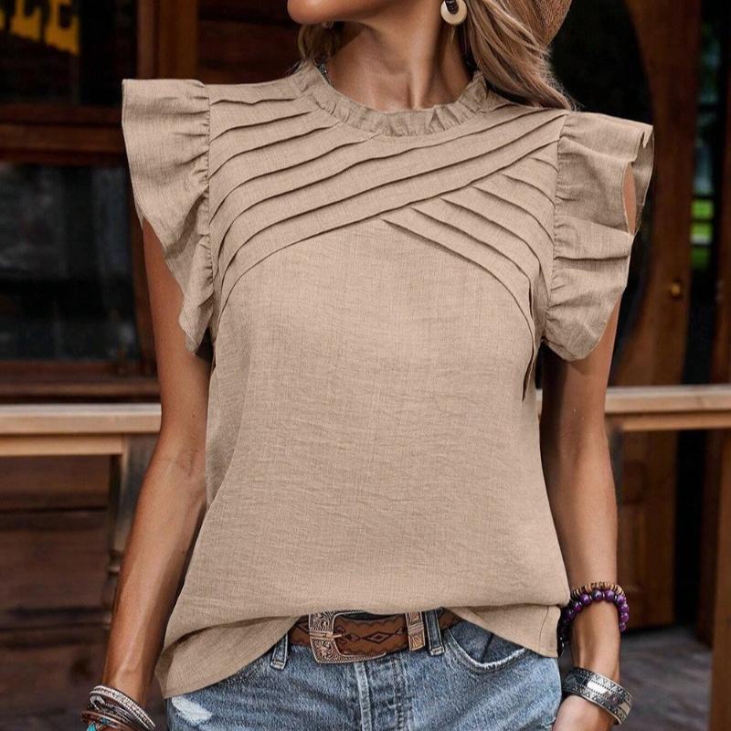 New Summer Tops Women Vintage Casual Loose Blouses for Women Elegant Pleated Ruffled Short Sleeve Shirt Woman Fashion Solid Pullover Blouse 26597
