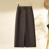 2024 New Women's Khaki Wool A-Line Midi Skirt with High Waist, Loose Fit, Slimming Slit, Perfect for Autumn/Winter.