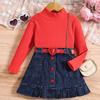 Girls' Fashion Set, Summer Children's Casual Solid-color Long-sleeved Top, Denim Pleated Skirt Set