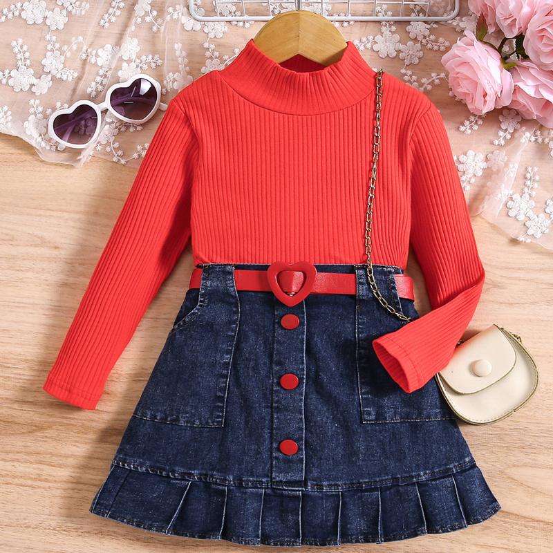 Girls' Fashion Set, Summer Children's Casual Solid-color Long-sleeved Top, Denim Pleated Skirt Set