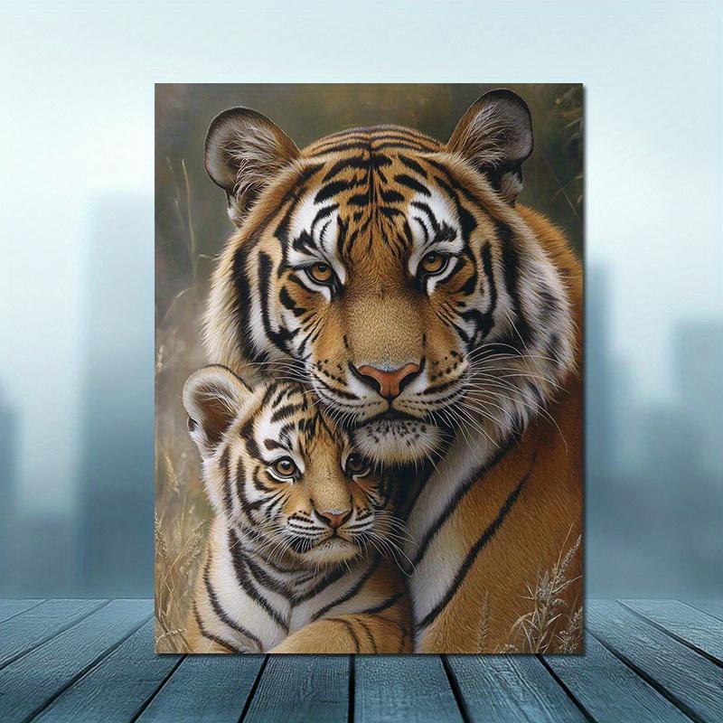 Charming Tiger Family Canvas Art Print,Frameless Modern Oil Painting Style Wall Decor for Living Room, Bedroom, Dining Area