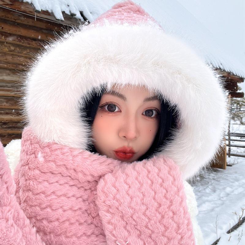 Plush Hat Winter New Hat Scarf Gloves Three Piece Set Integrated Korean Version Cute Thickened Velvet Warm Travel