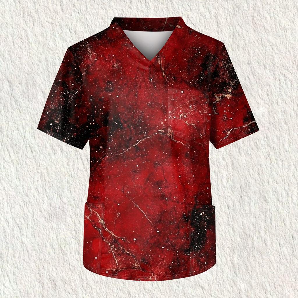 Мужская рабочая блузка с короткими рукавами и v-образным вырезом с принтом, топ с нагрудным карманом