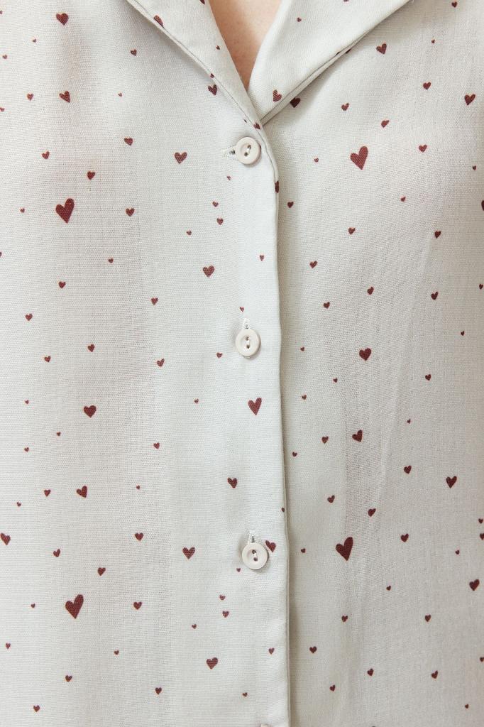 Women's Fashion Ecru 100% Cotton Heart Patterned Muslin Woven Pajama Set