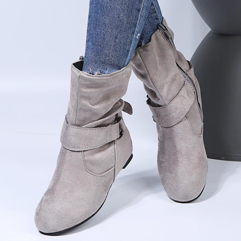 Women's Elastic Ankle Boots, Solid Color Round Toe Side Zipper Boots, Comfortable Flat Boots