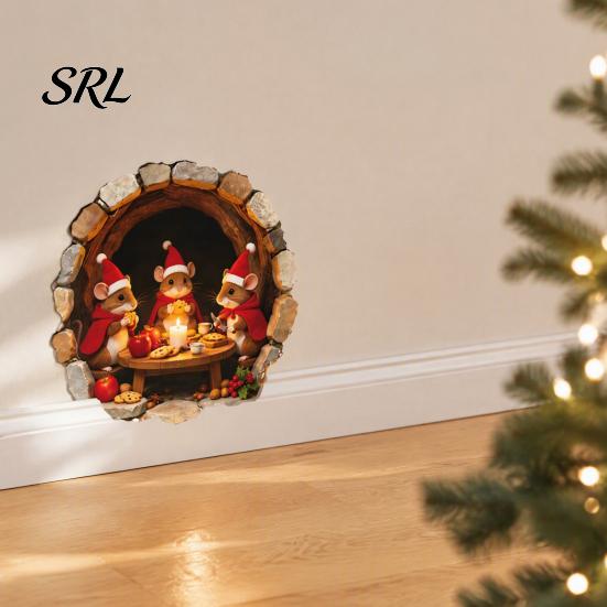 Seasonal Nursery Wall Decorations Mouse Hole Sticker, Christmas Decal, Self Adhesive Holiday Home Atmosphere Cute Mice Sticker for Living Room Bedroom