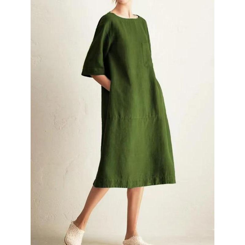 Solid Color Casual Round Neck Mid Sleeve Pocket New Dress Summer