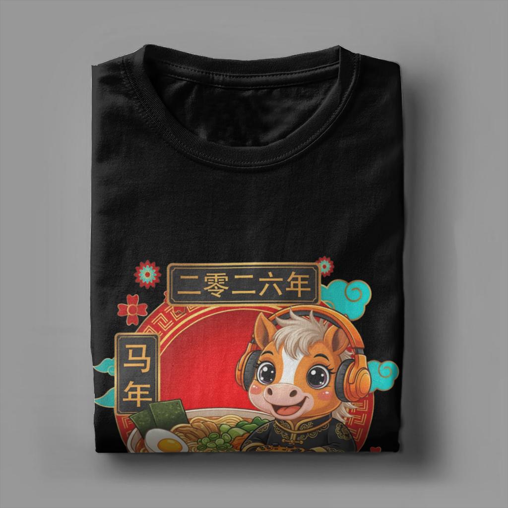 Year of The Horse Chinese New Year Gamer Horse Ramen Cotton TShirt For Men Summer YK Fun T Shirts O Neck Hip Hop Tees