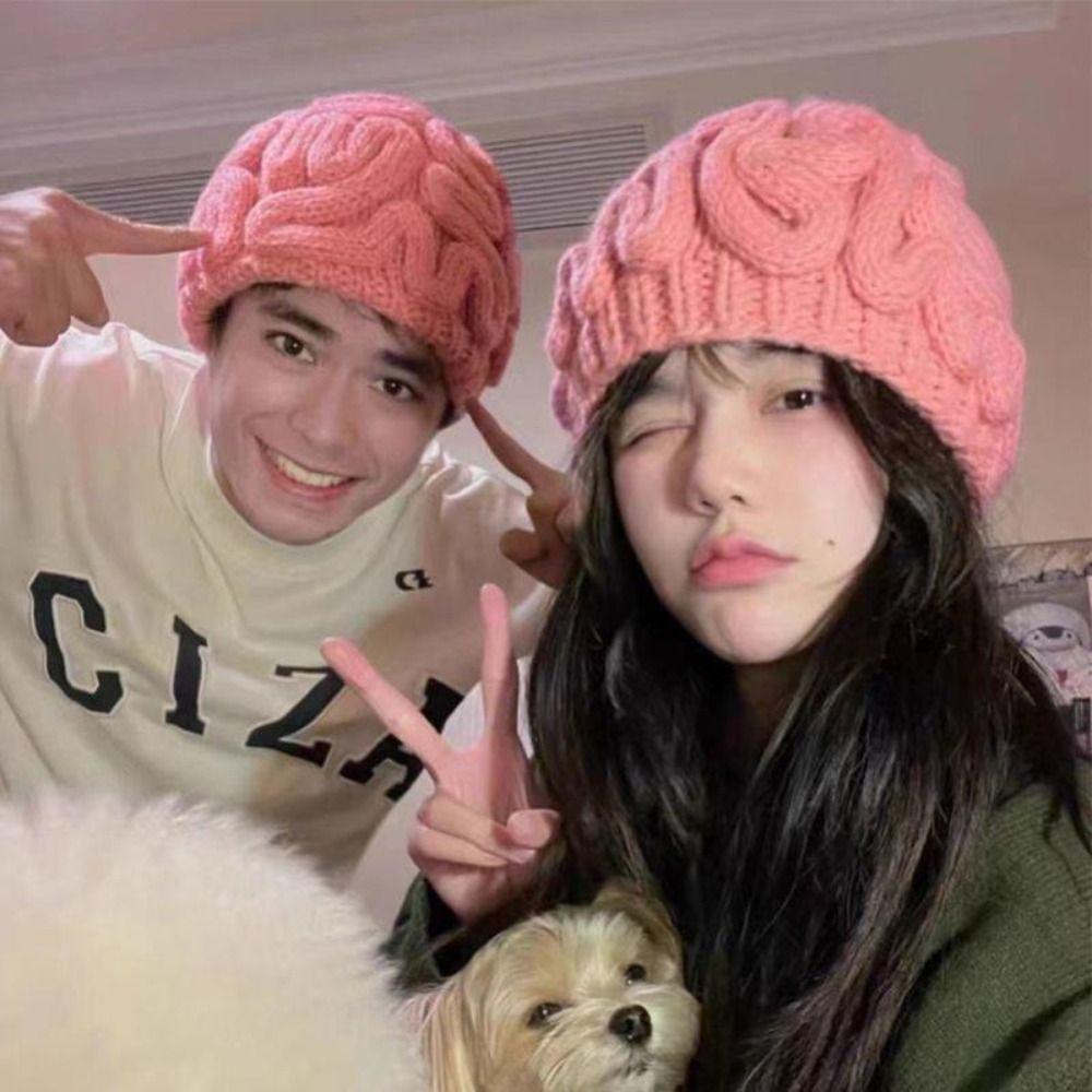 Warm Brain Pullover Cap Creative Funny Brain Beanie Stretchy Knitted Brain Hat Outdoor