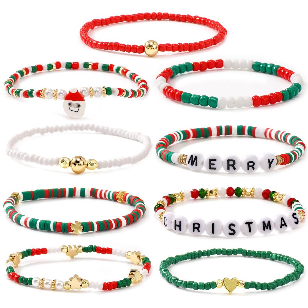 Versatile Christmas Bracelet: Red, Green, White Beads with 'MERRY' Letter, Bell, and Heart Elements