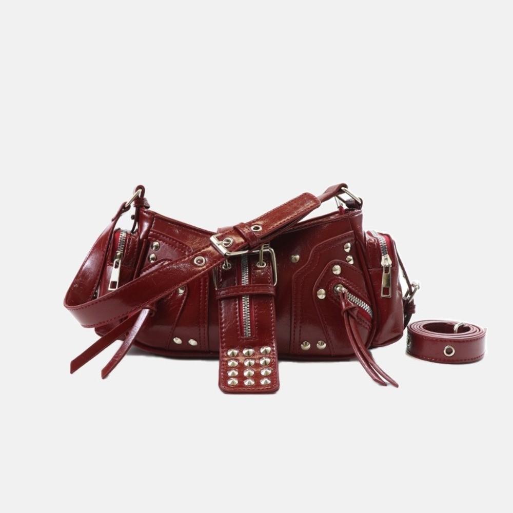 PU Leather Gothic Rivet Shoulder Bag Leopard Print Polyester Lining Underarm Bag Black Color Multi Strap Crossbody Bags Date