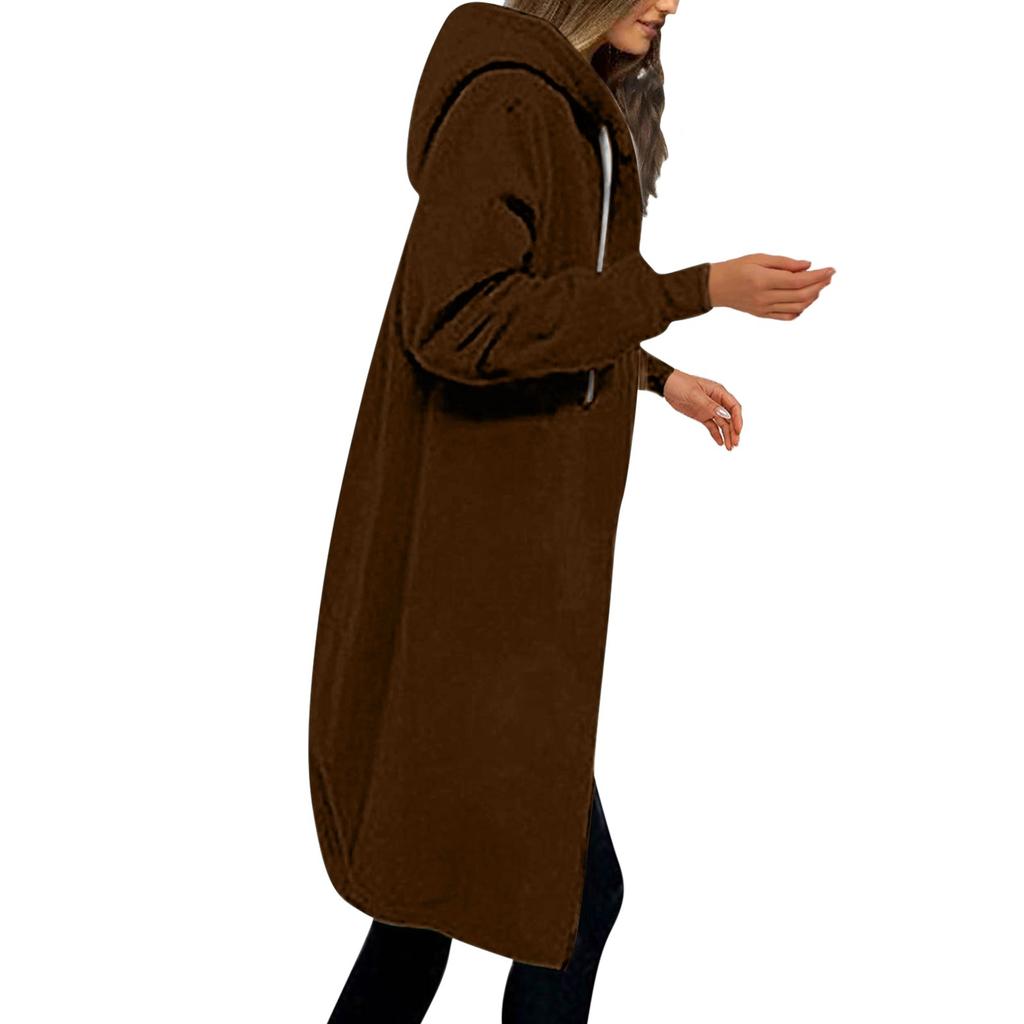 Women's Casual Zip Up Hoodies Long Tunic Sweatshirt Winter Windproof Drawstring Hooded Jacket Outerwear With Pockets