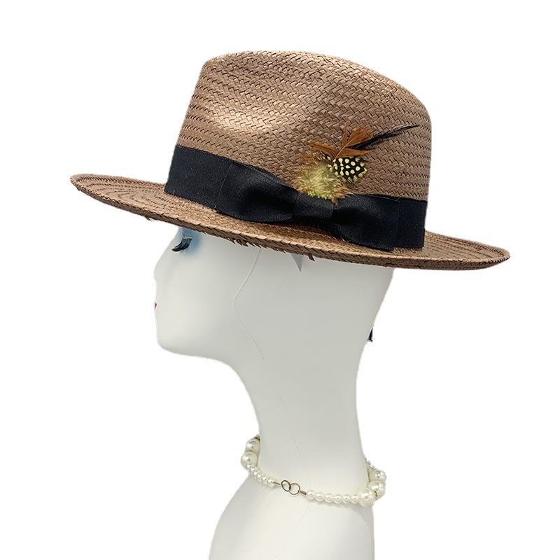 Eay Eight - Point Hand - Woven Straw Top Hat for Travel, Feather Jazz Style