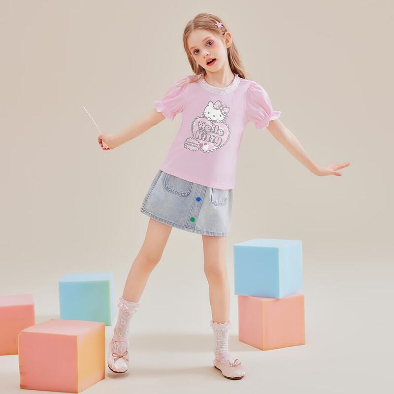 Hello Kitty Летняя детская футболка с мультяшным принтом в виде сердца и пышными рукавами