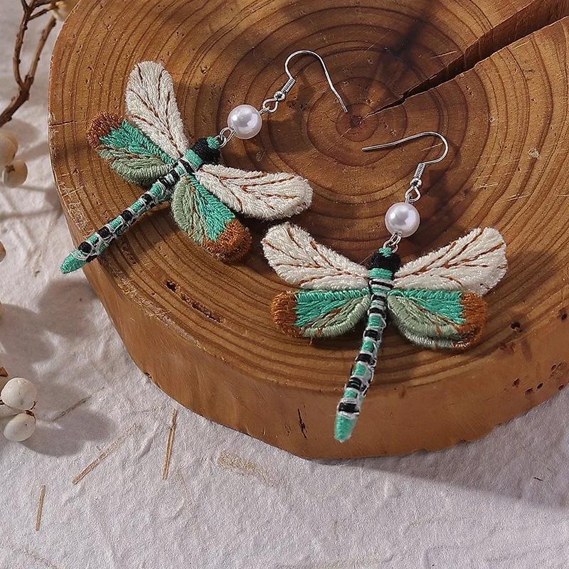 Style Vintage New Unique Embroidery Creative Cute Dragonfly Pendants for Women Personalized Fun Drop Earrings Jewelry