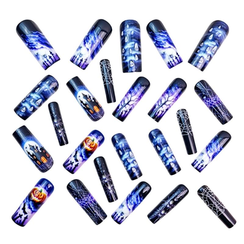 Long Purple Halloween Ghostly Pumpkin False Nail With Spiders Web Design For Party Festive Nail Art Lightweight Fake Nail