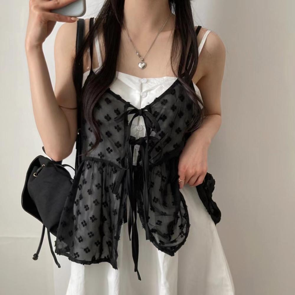 French Lace Sling Elegant Mesh Tops Women Summer Fashion Stacked Design Loose Gauze Tanks Korea Vintage Outwear Camis 2024 New