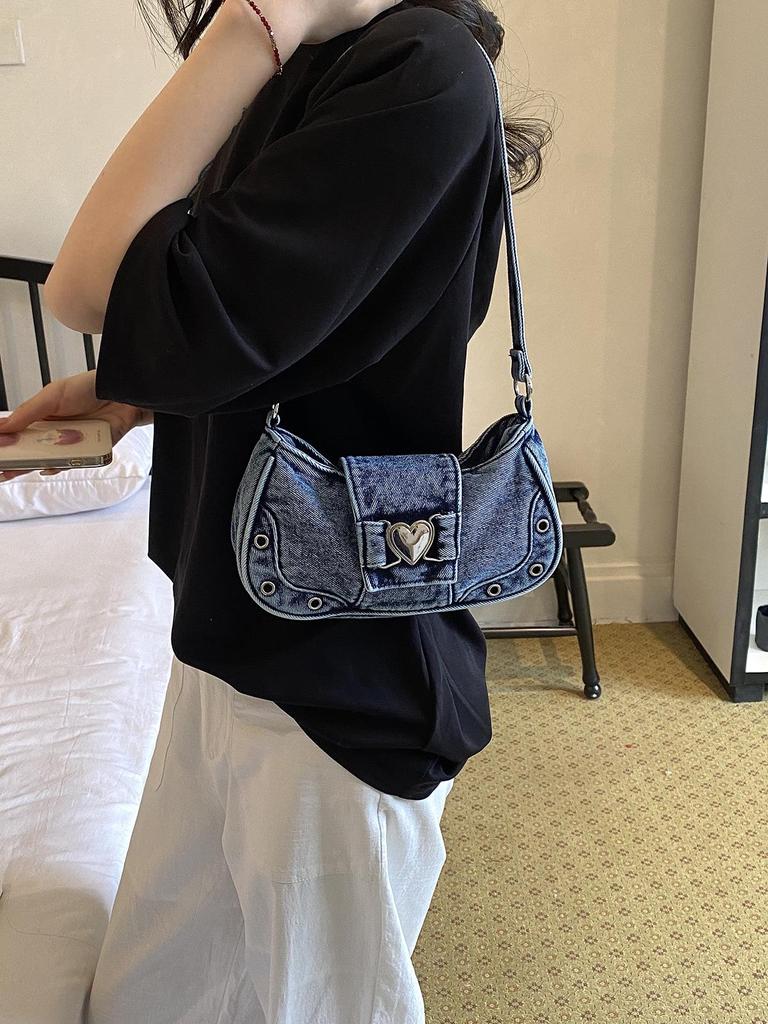 Cross-border Denim Heart One-Shoulder Bag - 2026 New Korean Rivet Trendy Cool Crossbody Bag for Travel and Commute