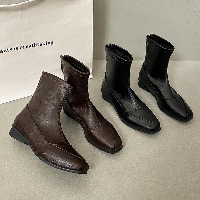 Square head rear zipper new thick heel versatile fashion Chelsea boots women's short boots short thin boots medium cloth