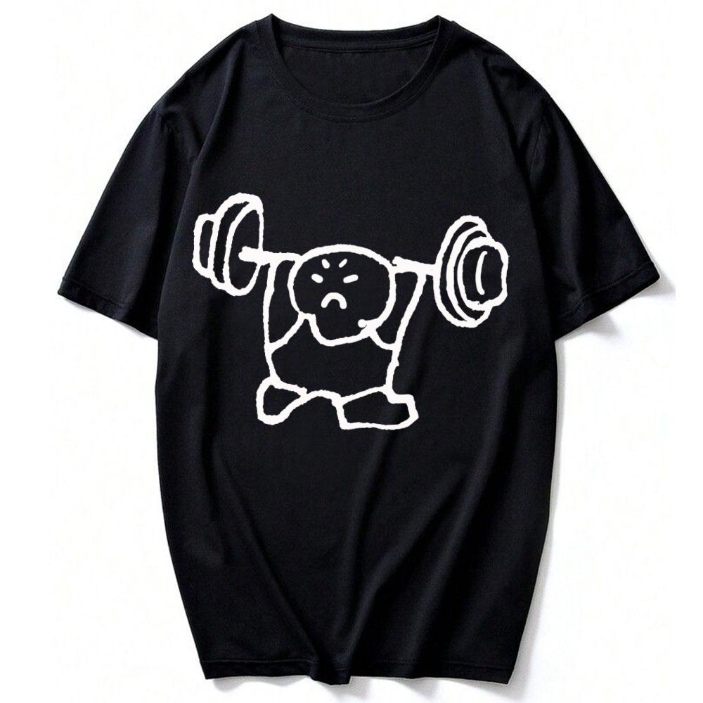 Simple Doodle Stick Figure Struggling To Lift Heavy Barbell Graphic Print Unisex Cotton T Shirt Funny Gym Weightlifting Workout