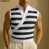 Summer Men Stand Collar Sleeveless Striped Print Casual Tank Tops
