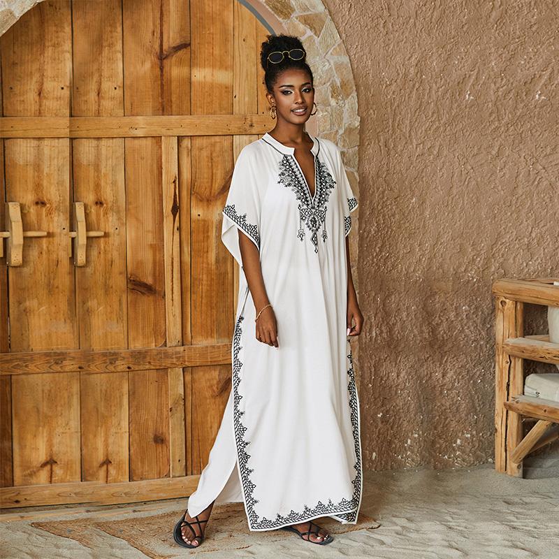 Bohemian White V Neck Bikini Cover-ups Long Tunic Sexy Kaftan Dress Women Plus Size Beach Wear Swim Suit Cover Up
