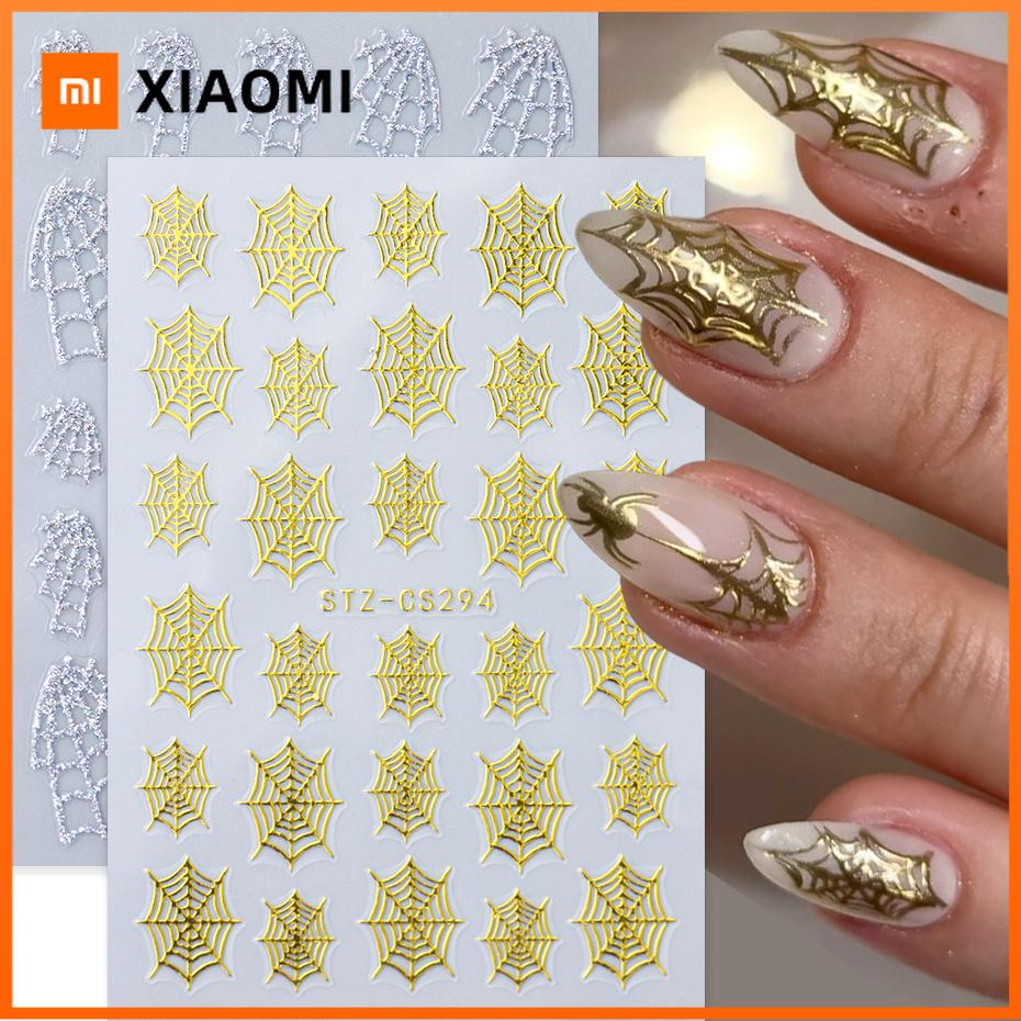 Xiaomi 2pcs Golden Silvery Spider Web Nail Art Stickers Halloween Shiny Chrome Nail Decals Adhesive Sliders Nail Decorations Manicure