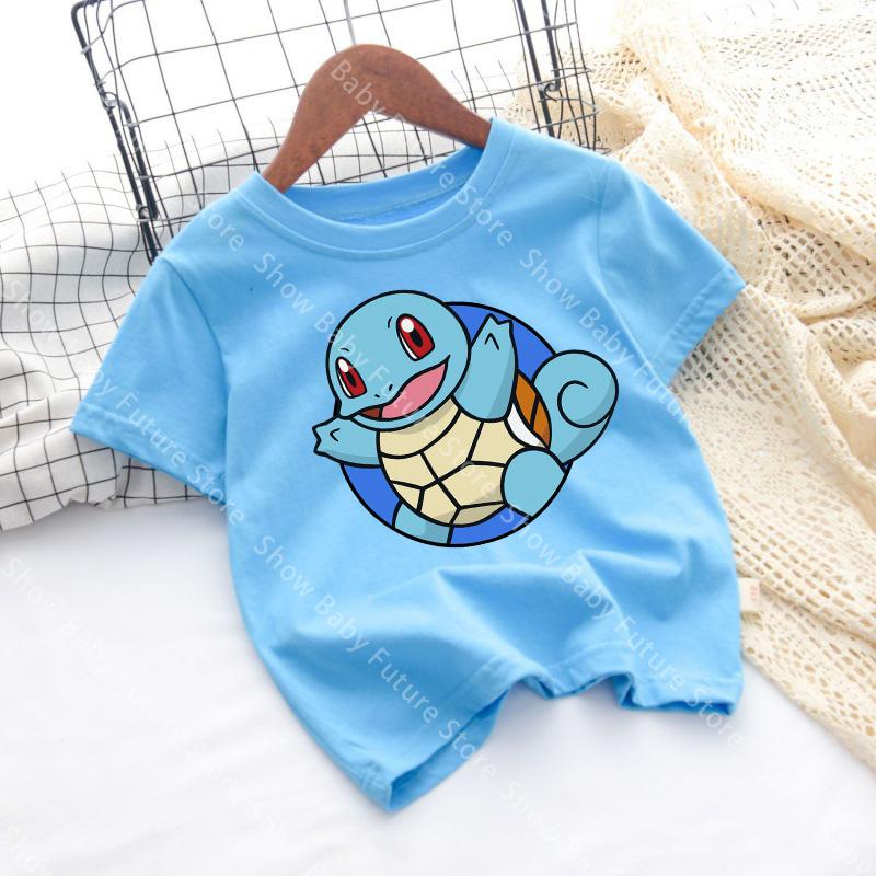 Different Colors Cartoon Cotton T Shirt Cute for Boys Girls Pokemons Pikachus Squirtles Summer Clothes Tops Anime Short Sleeve
