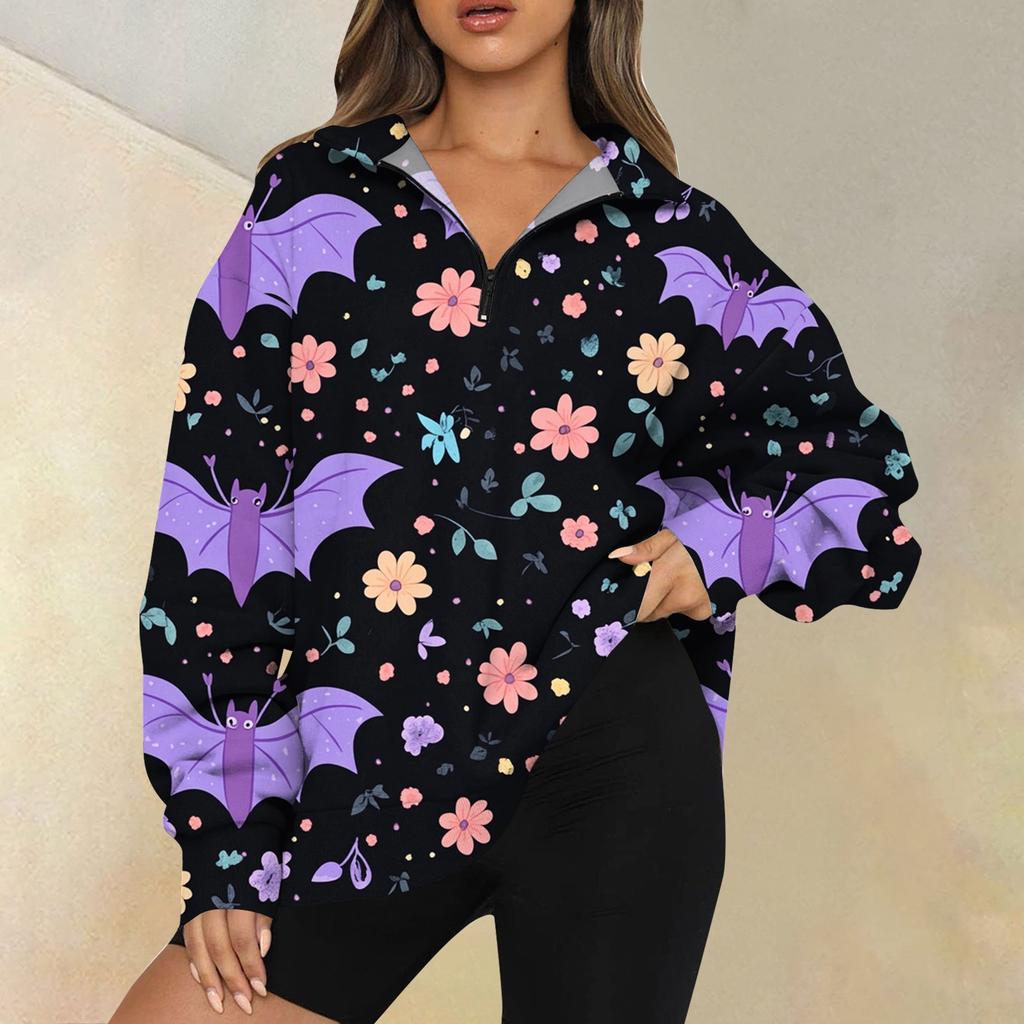 Women's Fashion Casual Long Sleeve Printed Zipper Turtleneck Drop Shoulder Sweatshirt Top