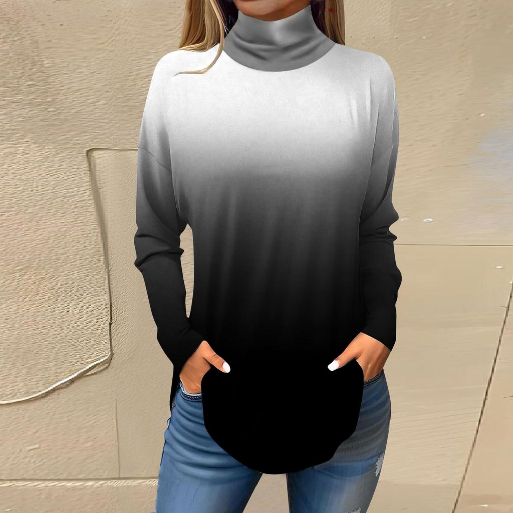 Футболки для женщин, осенние повседневные рубашки с длинными рукавами, толстовка с винтажным принтом, топ с высоким воротом, пуловер