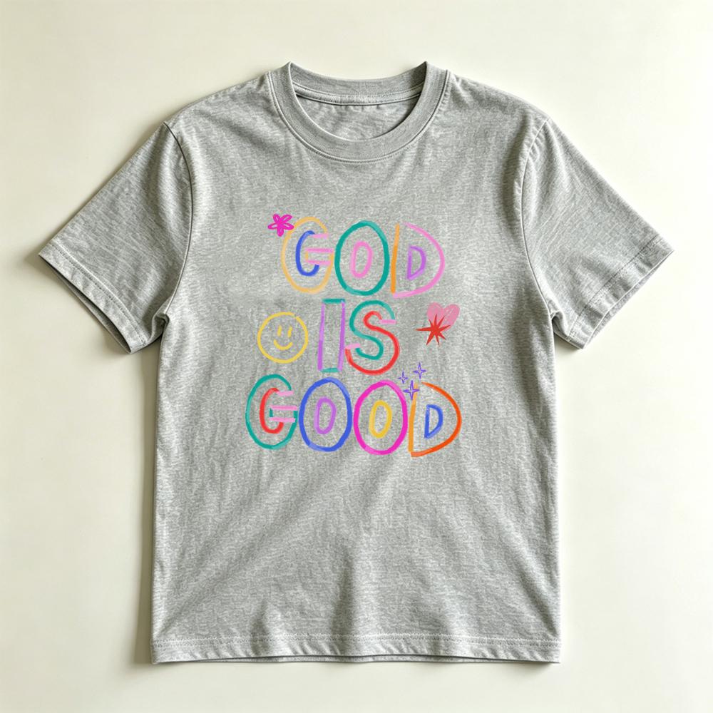 Christian Faith Lover Tshirt Cute Rainbow Doodle God Is Good Inspirational Lettering Print Top Religious Positive Casual Tee