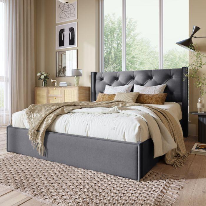 Lit double - 160x200 cm - Rembourré - Métal - Vintage avec rangement