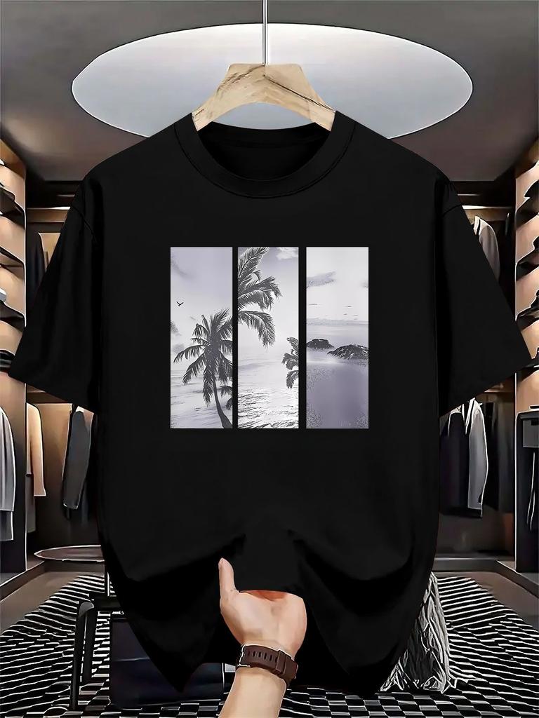 Palm Beach Panel Print Unisex Tshirt Soft Cotton Loose Coastal Holiday Retro Casual Daily Streetwear Tee