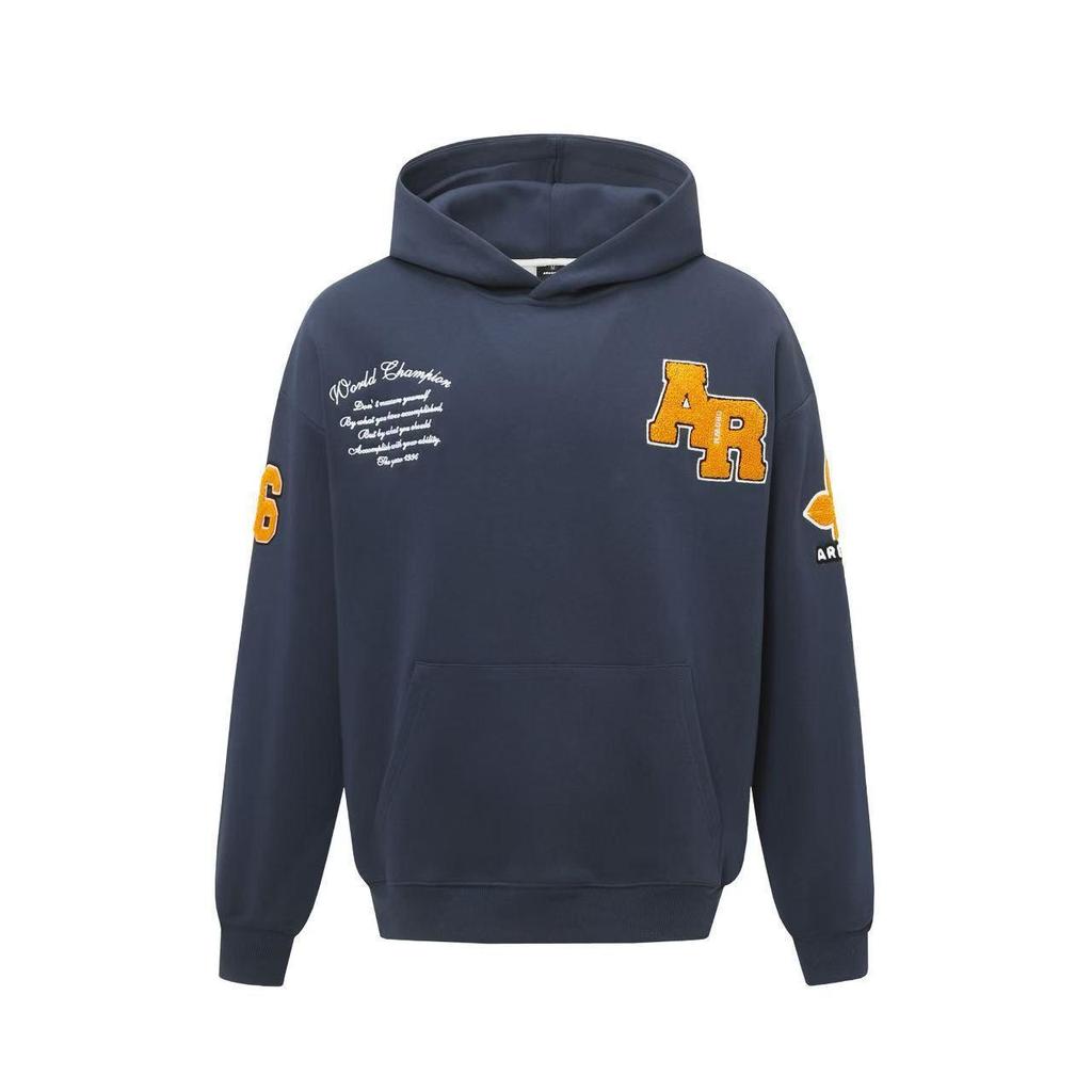 Unisex Guochao Heavyweight AR Embroidery Hoodie with Stand-Up Collar, Velvet Lined, Loose Fit, Autumn/Winter Style.