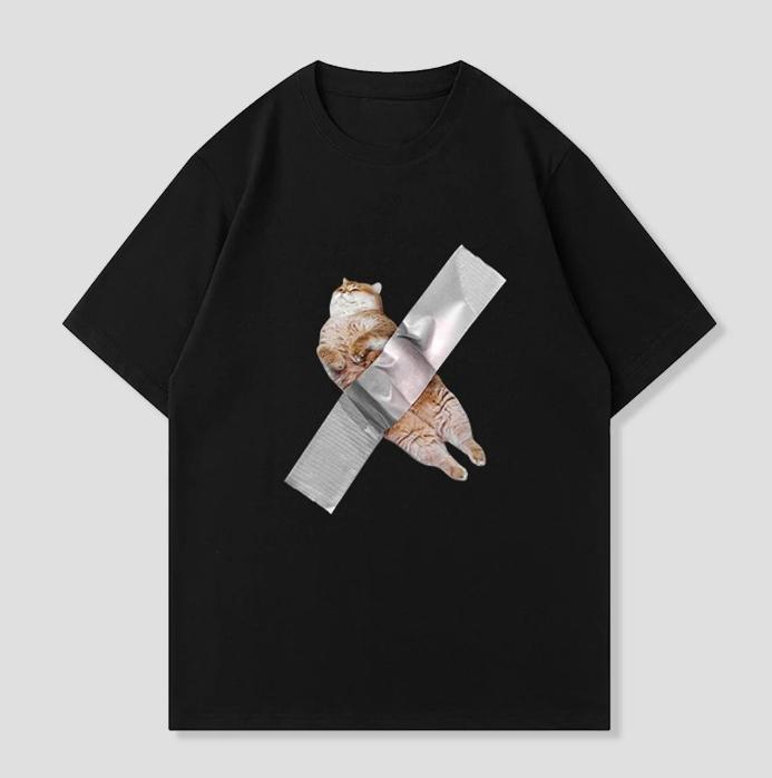 Trendy Funny Cat Taped Graphic T Shirt Cute Animal Meme Design Shortsleeved Tee Casual Versatile Streetwear Top for Cat Lovers