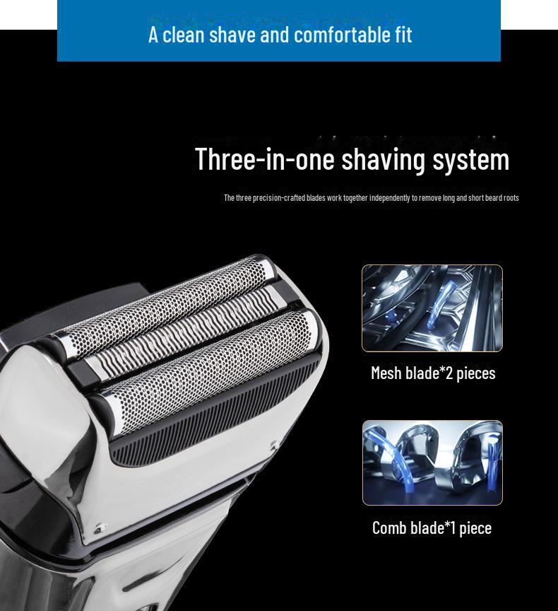 Мужская аккумуляторная электробритва с тремя лезвиями и выдвижным триммером, полностью моющаяся.