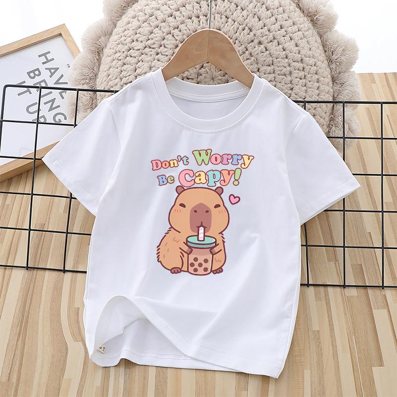 Capybara Child Short Sleeve Tshirt Girls Cartoon Capybara Letters AZ Cotton Tops Kawaii Summer Casual Tees Kids Birthday Gifts