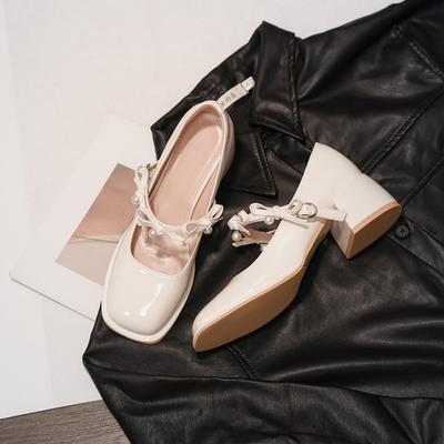 Серебристые туфли-лодочки на толстом каблуке, с открытым верхом, женские, французский ремешок, туфли Мэри Джейн, жемчужный бант, для юбки, сказочные туфли