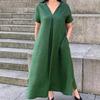 Женская мода лето весна однотонный принт с коротким рукавом и v-образным вырезом свободная талия повседневные платья