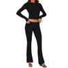 Women's Fashion Solid Color Round Neck Long Sleeve Top Wide Leg Pants Set