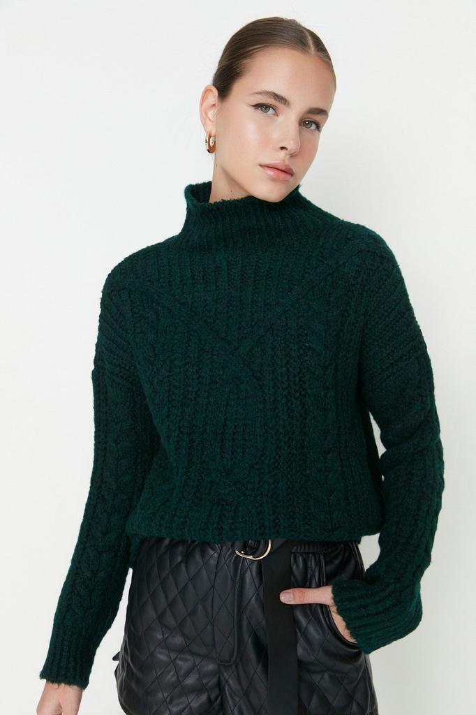 Women's Fashion New Sweater Navy Blue Soft Textured High Collar Knitwear Sweater