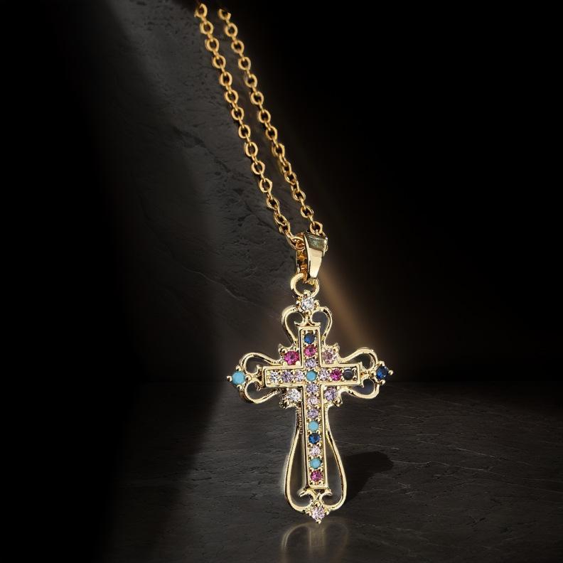 Niche Design Pendant Hollow Color Zircon Cross Necklace Jewelry