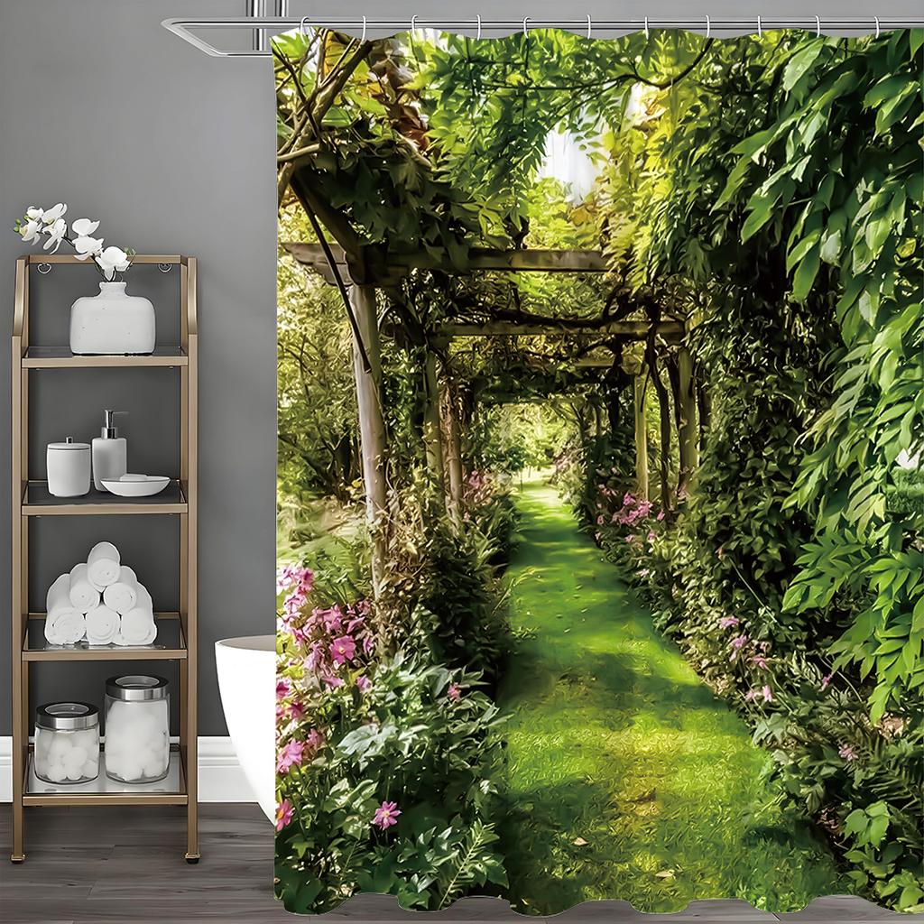 Rattan Covered Pergola Arch Floral Plant Shower Curtain, Bathroom Decorative Shower Curtain, Waterproof Shower Curtain with Hook