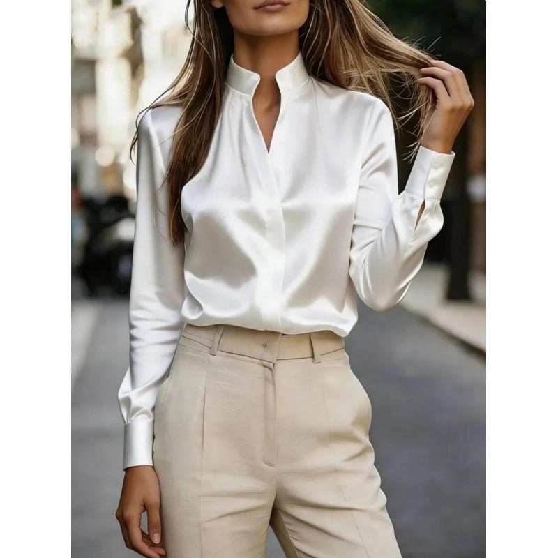 2026 Womens V-Neck Solid Satin Blouse Long Sleeve Office Wear Elegant Business Casual Shirt