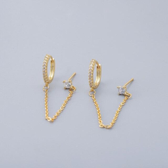 925 Sterling Silver Micro Zircon Double Pierced Hoop Earrings For Women Creative Chain Earrings Party Jewelry