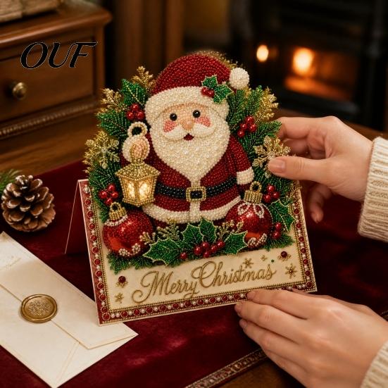 Santa Claus Snowman Elk Design DIY Faux Pearl Painting Christmas Greeting Card, 3D Handmade Card Interactive Paper Art Decoration Holiday Craft
